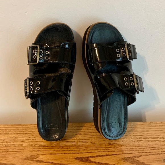 UGG Cammie Black Patent Leather Platform Sandals Buckle Slide wedge summer 7 - Picture 14 of 15